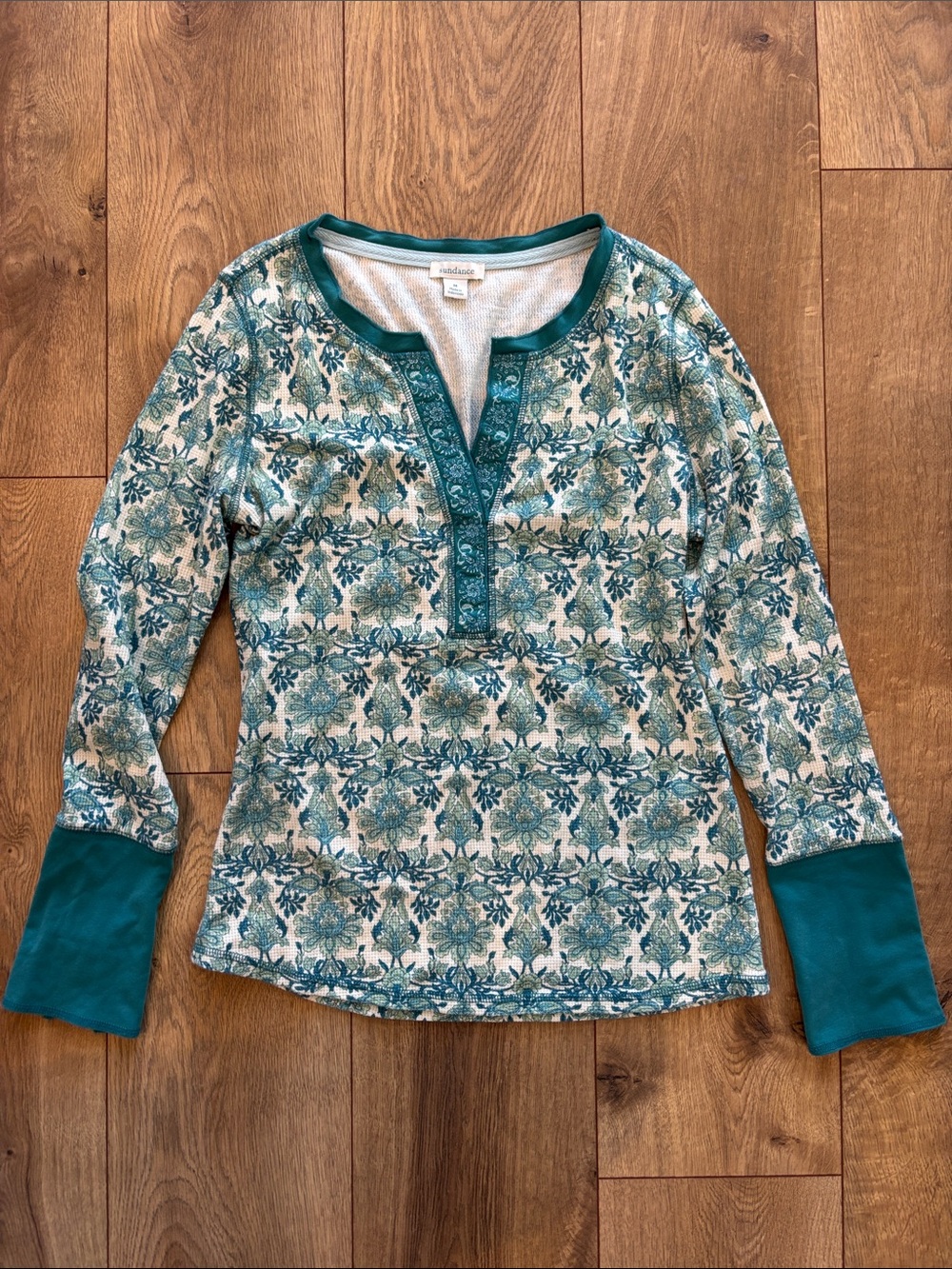 Sundance Teal and Cream Floral Henley Long Sleeve Top with Teal Trim
